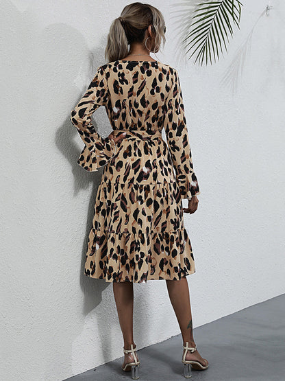 Midi dresses- Leopard Print Wrap V Neck Long Sleeve Dress- - Pekosa Women Clothing