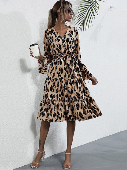 Midi dresses- Leopard Print Wrap V Neck Long Sleeve Dress- - Pekosa Women Clothing