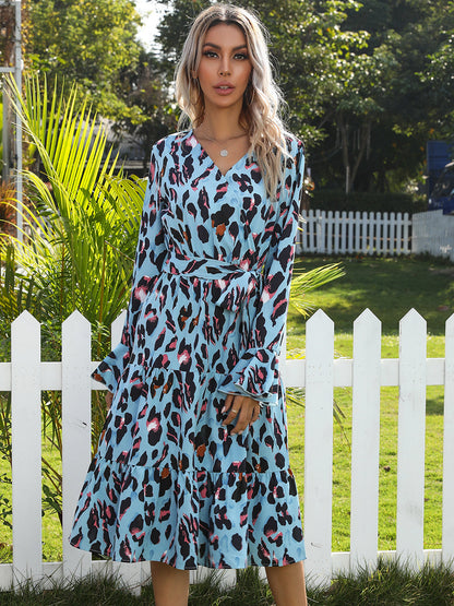 Midi dresses- Leopard Print Wrap V Neck Long Sleeve Dress- - Pekosa Women Clothing