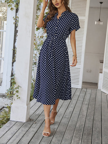 Short Sleeve Polka Dot Midi Dress with Gathered Waist