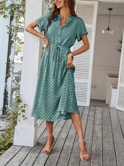 Short Sleeve Polka Dot Midi Dress with Gathered Waist