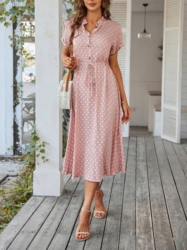 Short Sleeve Polka Dot Midi Dress with Gathered Waist