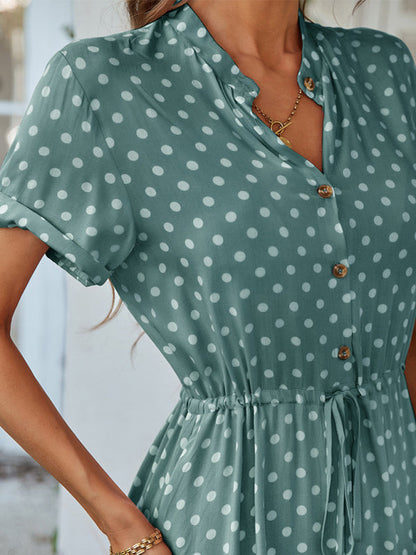 Short Sleeve Polka Dot Midi Dress with Gathered Waist