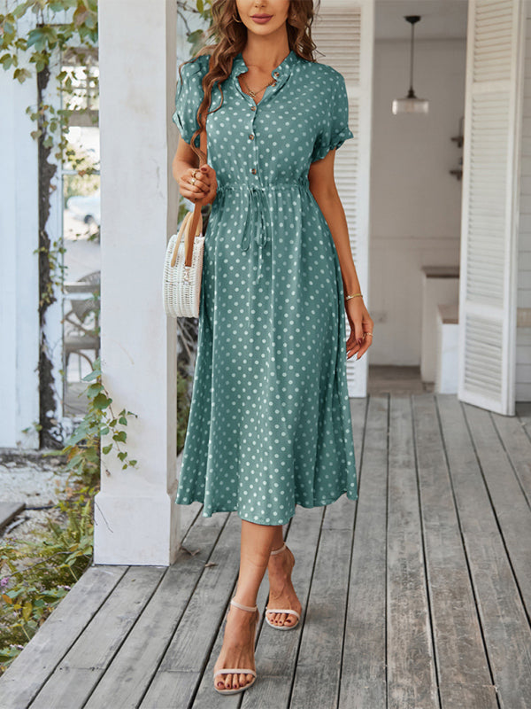 Short Sleeve Polka Dot Midi Dress with Gathered Waist