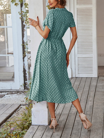 Short Sleeve Polka Dot Midi Dress with Gathered Waist