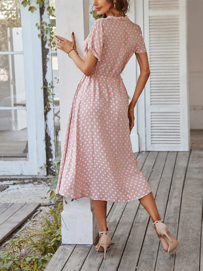 Short Sleeve Polka Dot Midi Dress with Gathered Waist