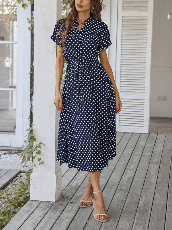 Short Sleeve Polka Dot Midi Dress with Gathered Waist