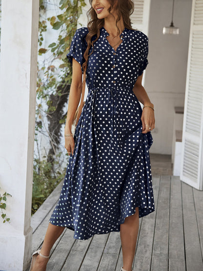 Short Sleeve Polka Dot Midi Dress with Gathered Waist