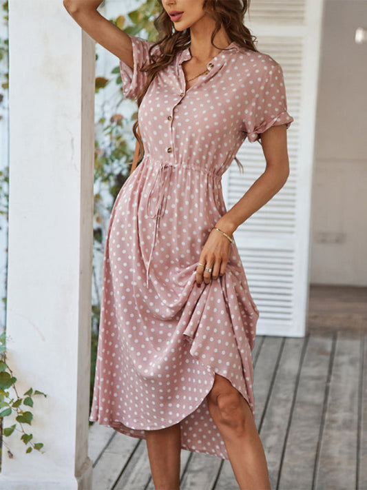 Short Sleeve Polka Dot Midi Dress with Gathered Waist