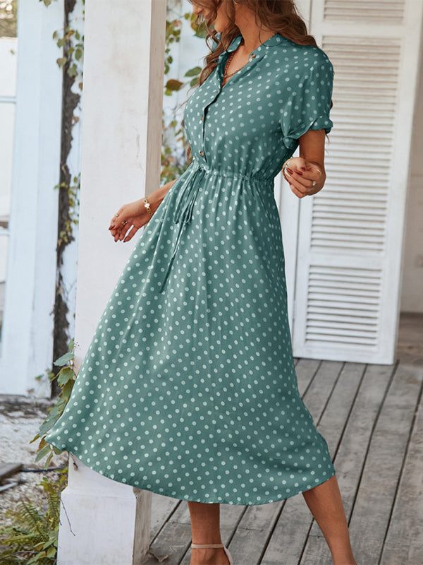 Short Sleeve Polka Dot Midi Dress with Gathered Waist