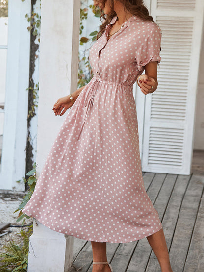 Short Sleeve Polka Dot Midi Dress with Gathered Waist