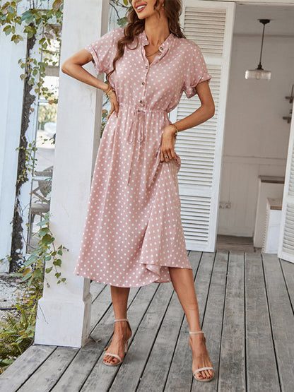 Short Sleeve Polka Dot Midi Dress with Gathered Waist