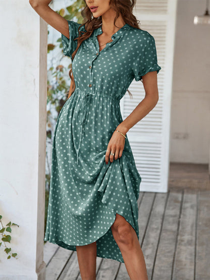 Short Sleeve Polka Dot Midi Dress with Gathered Waist