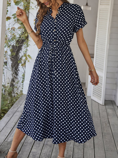 Short Sleeve Polka Dot Midi Dress with Gathered Waist