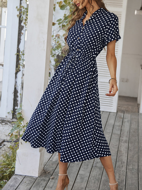 Short Sleeve Polka Dot Midi Dress with Gathered Waist