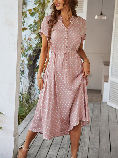 Short Sleeve Polka Dot Midi Dress with Gathered Waist