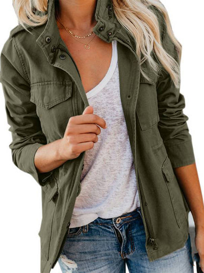 Military Jackets- Autumn Solid Cotton Zip-Up Militar Utility Jacket- Olive green- Pekosa Women Clothing