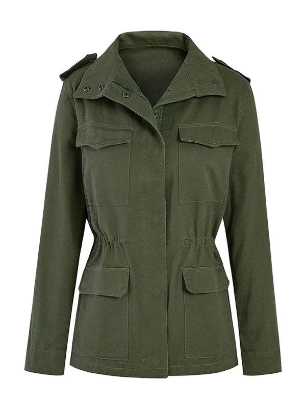 Military Jackets- Autumn Solid Cotton Zip-Up Militar Utility Jacket- - Pekosa Women Clothing