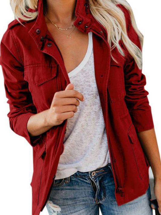 Military Jackets- Autumn Solid Cotton Zip-Up Militar Utility Jacket- Wine Red- Pekosa Women Clothing