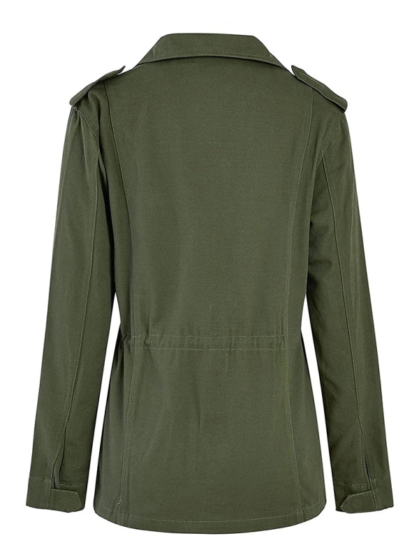 Military Jackets- Autumn Solid Cotton Zip-Up Militar Utility Jacket- - Pekosa Women Clothing