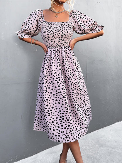 Mini Dress- Animal Print Smocked Bodice Midi Dress with Puff Sleeves- Pink- Pekosa Women Clothing