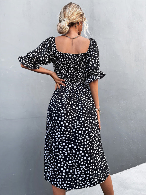 Mini Dress- Animal Print Smocked Bodice Midi Dress with Puff Sleeves- - Pekosa Women Clothing