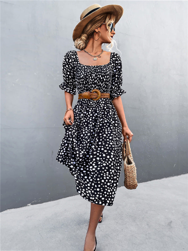 Mini Dress- Animal Print Smocked Bodice Midi Dress with Puff Sleeves- - Pekosa Women Clothing