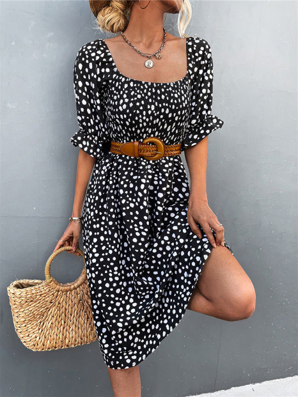 Mini Dress- Animal Print Smocked Bodice Midi Dress with Puff Sleeves- - Pekosa Women Clothing