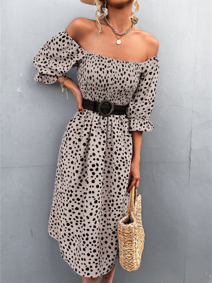 Mini Dress- Animal Print Smocked Bodice Midi Dress with Puff Sleeves- - Pekosa Women Clothing