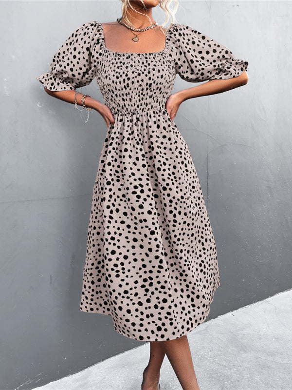 Mini Dress- Animal Print Smocked Bodice Midi Dress with Puff Sleeves- Khaki- Pekosa Women Clothing