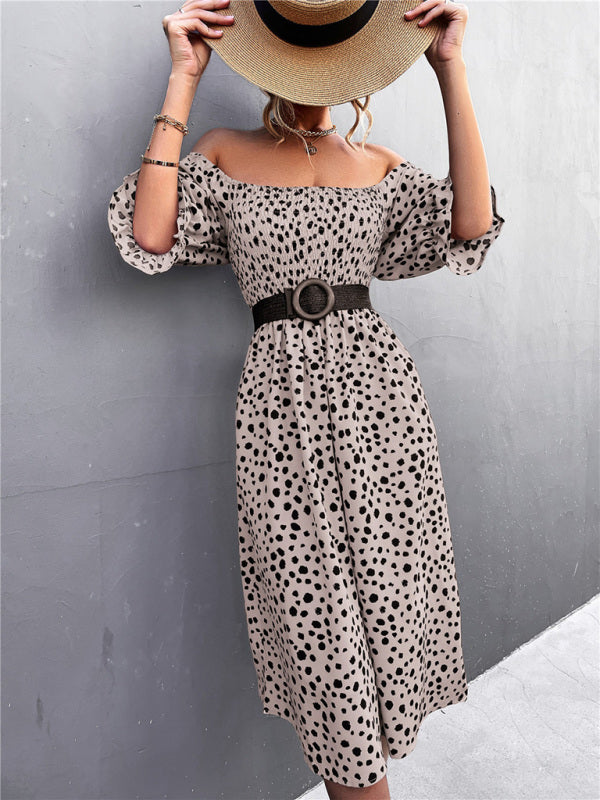 Mini Dress- Animal Print Smocked Bodice Midi Dress with Puff Sleeves- - Pekosa Women Clothing