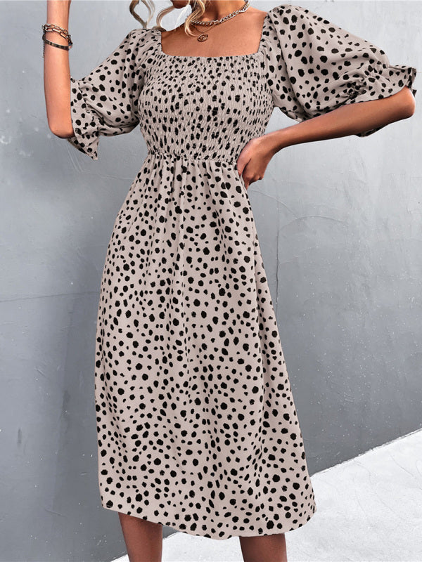 Mini Dress- Animal Print Smocked Bodice Midi Dress with Puff Sleeves- - Pekosa Women Clothing