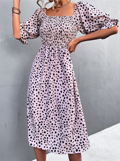 Mini Dress- Animal Print Smocked Bodice Midi Dress with Puff Sleeves- - Pekosa Women Clothing