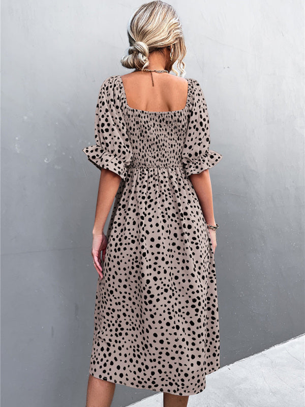 Mini Dress- Animal Print Smocked Bodice Midi Dress with Puff Sleeves- - Pekosa Women Clothing