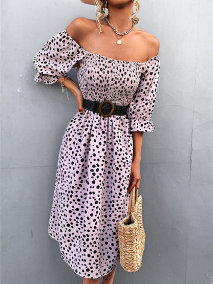 Mini Dress- Animal Print Smocked Bodice Midi Dress with Puff Sleeves- - Pekosa Women Clothing