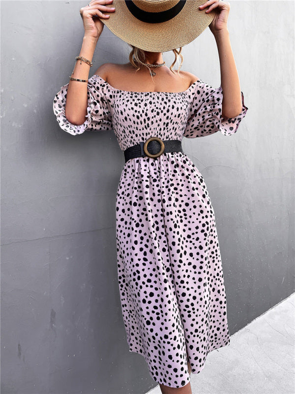 Mini Dress- Animal Print Smocked Bodice Midi Dress with Puff Sleeves- - Pekosa Women Clothing