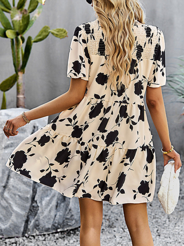 Mini Dress- Floral High Smocked Neck Tiered Flowy Mini Dress- - Pekosa Women Clothing