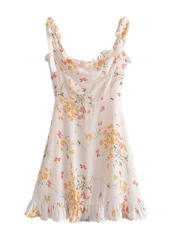 Mini Dress- Romantic Floral Frill Sweetheart Cami Mini Dress- - Pekosa Women Clothing