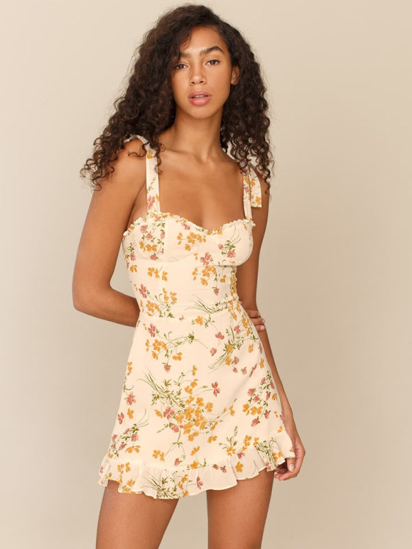 Mini Dress- Romantic Floral Frill Sweetheart Cami Mini Dress- Cream- Pekosa Women Clothing