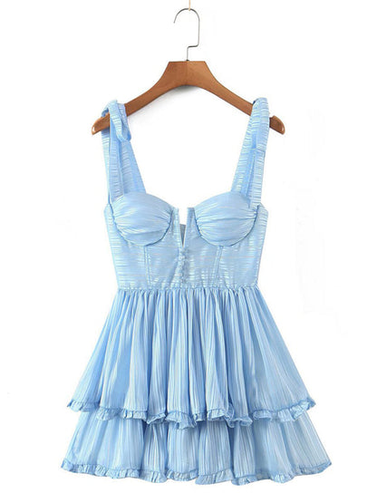 Mini Dress- Summer Bustier A-Line Layered Cami Mini Dress- Blue- Pekosa Women Clothing