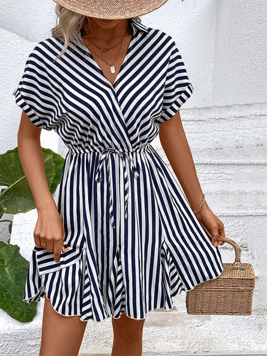 Mini Dresses- All-Season Staple: Women's Stripe V-Neck Dress for Every Occasion- Navy Blue- Pekosa Women Clothing