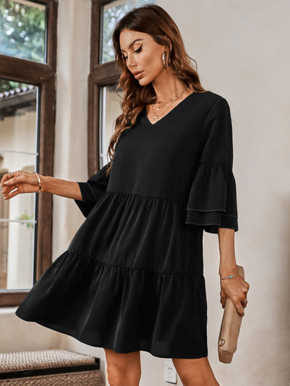 Mini Dresses- Casual Elegance: Women's Tiered Ruffle Mini Dress with V-Neck- Black- Pekosa Women Clothing