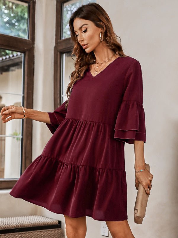 Mini Dresses- Casual Elegance: Women's Tiered Ruffle Mini Dress with V-Neck- Wine Red- Pekosa Women Clothing