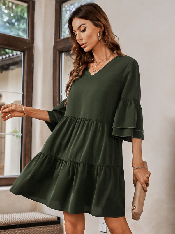 Mini Dresses- Casual Elegance: Women's Tiered Ruffle Mini Dress with V-Neck- Green- Pekosa Women Clothing