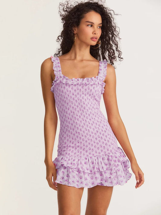Mini Dresses- Charming Floral Cami Dress: Slim Fit, Backless Elastic Smocked Body- Light Purple- Pekosa Women Clothing