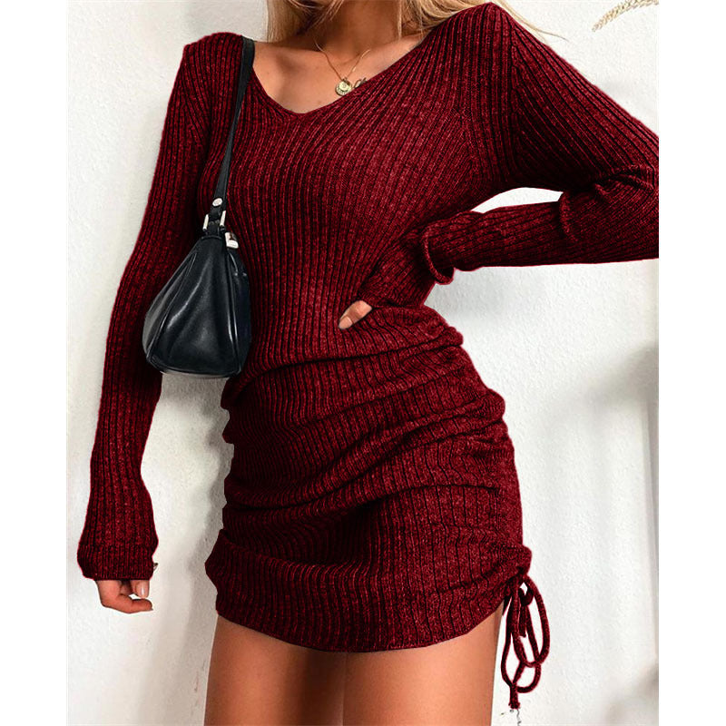 Mini Dresses- Chic Women's Sheath Ribbed Mini Dress with Ruched Side Adjustable Fit- Wine Red- Pekosa Women Clothing