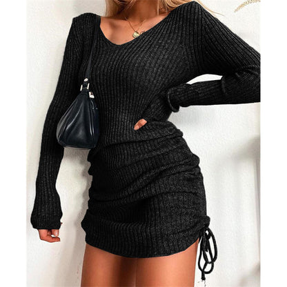 Mini Dresses- Chic Women's Sheath Ribbed Mini Dress with Ruched Side Adjustable Fit- Black- Pekosa Women Clothing