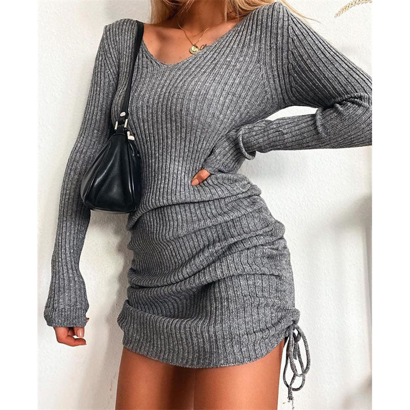 Mini Dresses- Chic Women's Sheath Ribbed Mini Dress with Ruched Side Adjustable Fit- Grey- Pekosa Women Clothing