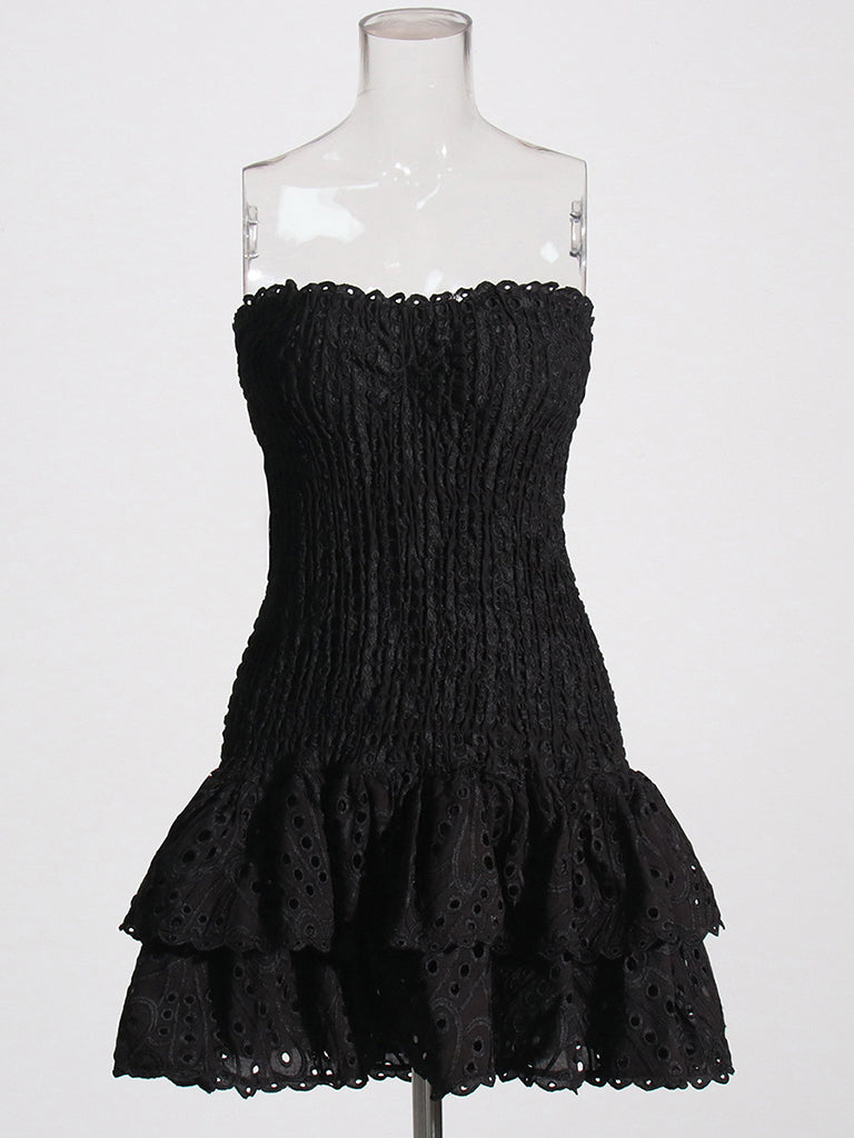 Mini Dresses- Cotton Smocked Layered Rufle Strapless Mini Dress- Black- Pekosa Women Clothing