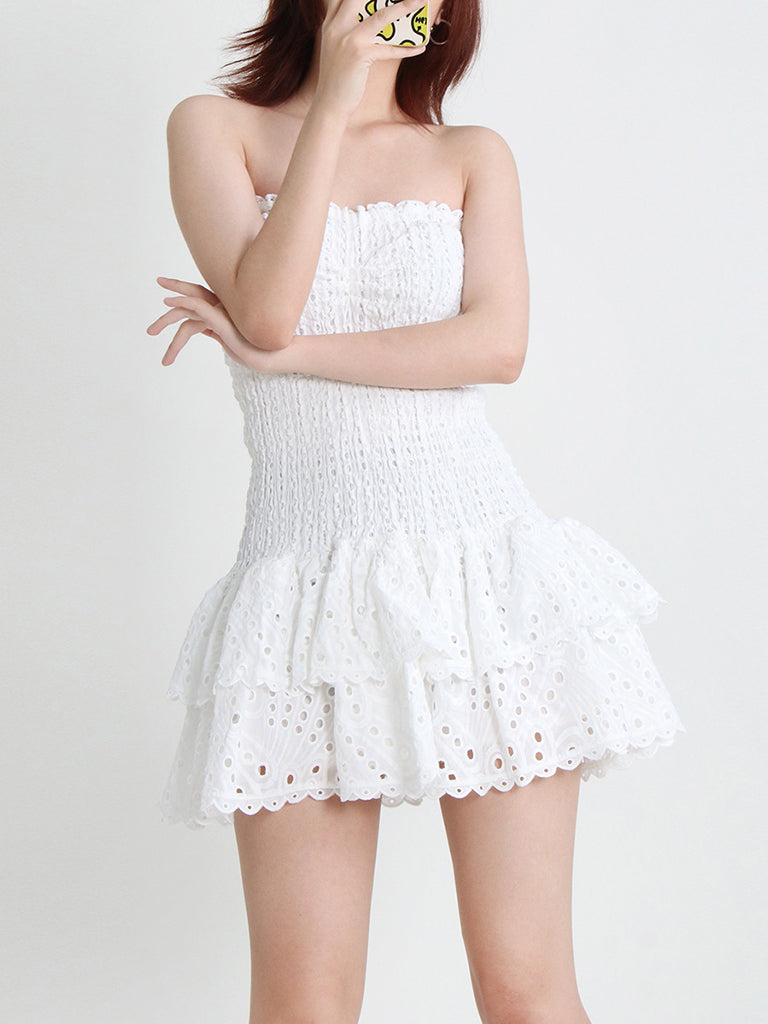 Mini Dresses- Cotton Smocked Layered Rufle Strapless Mini Dress- White- Pekosa Women Clothing